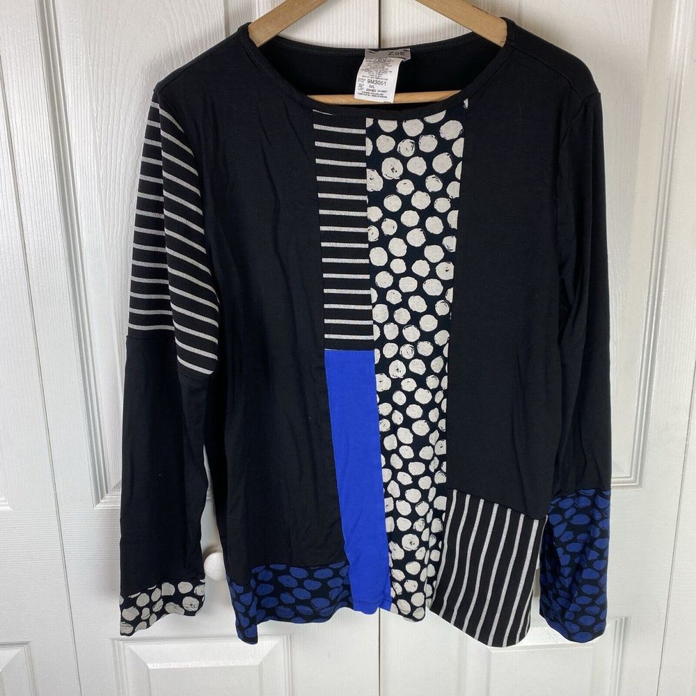 Zoe L Art To Wear Blouse Top Colorblock Abstract Stripe Polka Dot Long Sleeve